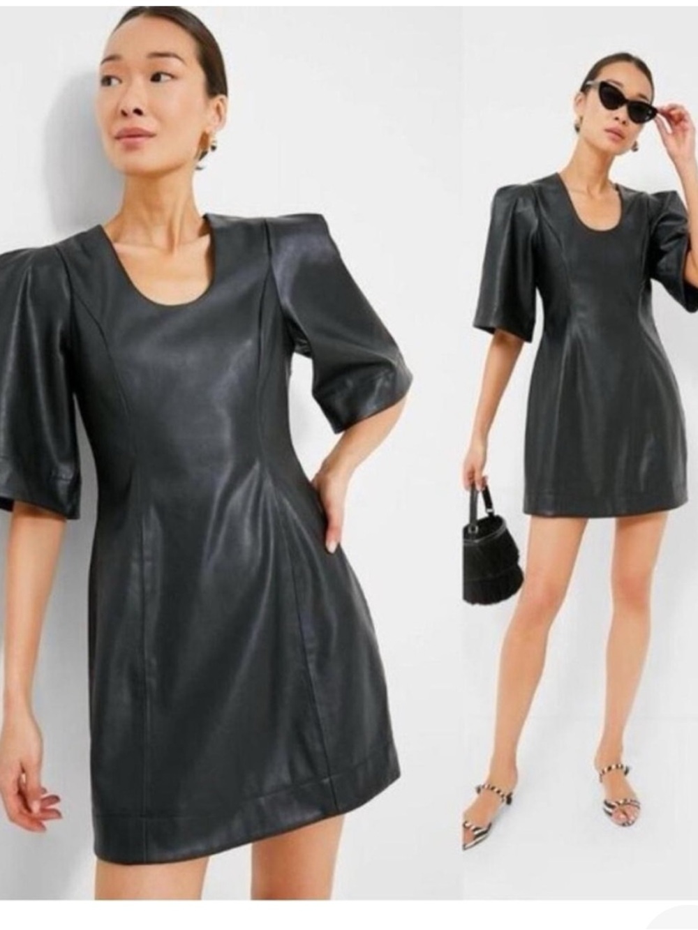 Tuckernuck Black Faux Leather Puff-Sleeve Mini Dress